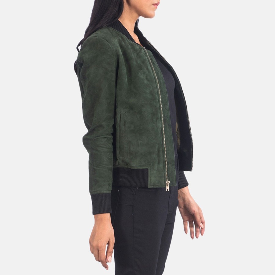 Women TheJacketMaker | Bliss Green Suede Bomber Jacket