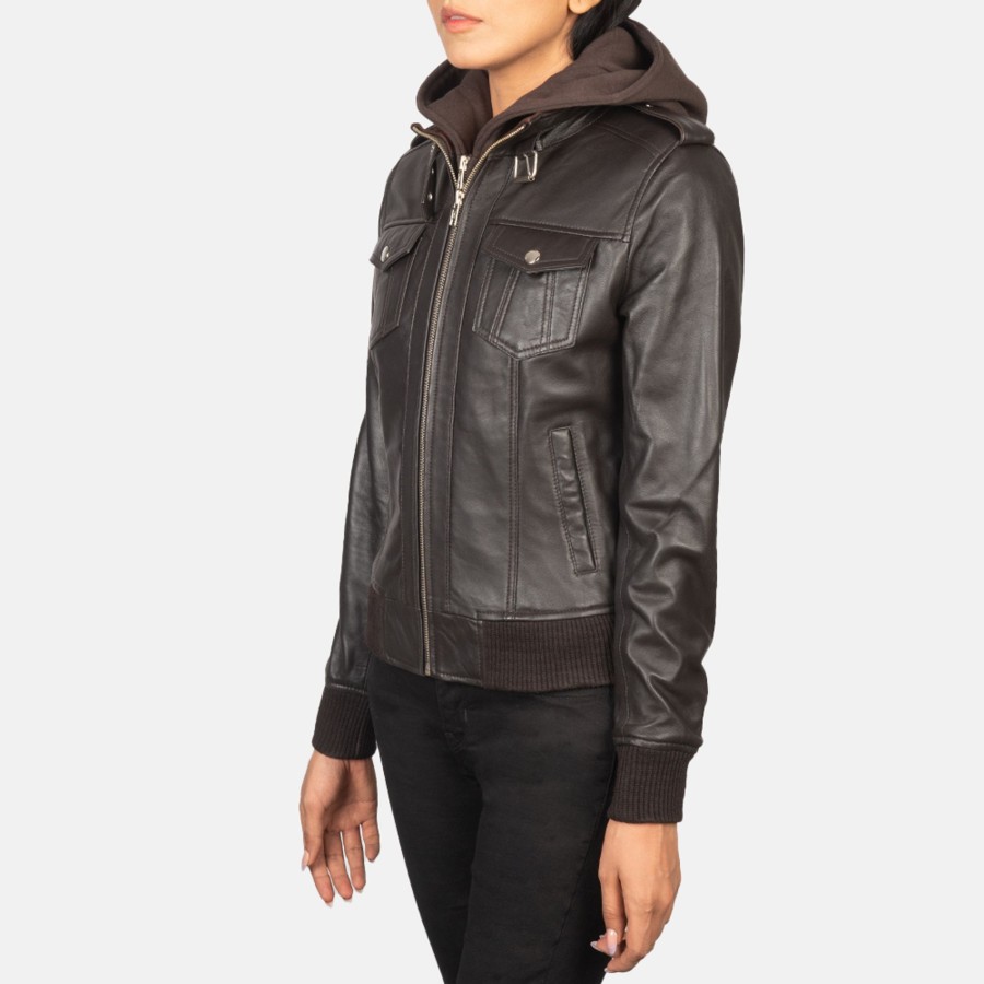 Women TheJacketMaker | Roslyn Brown Hooded Leather Bomber Jacket