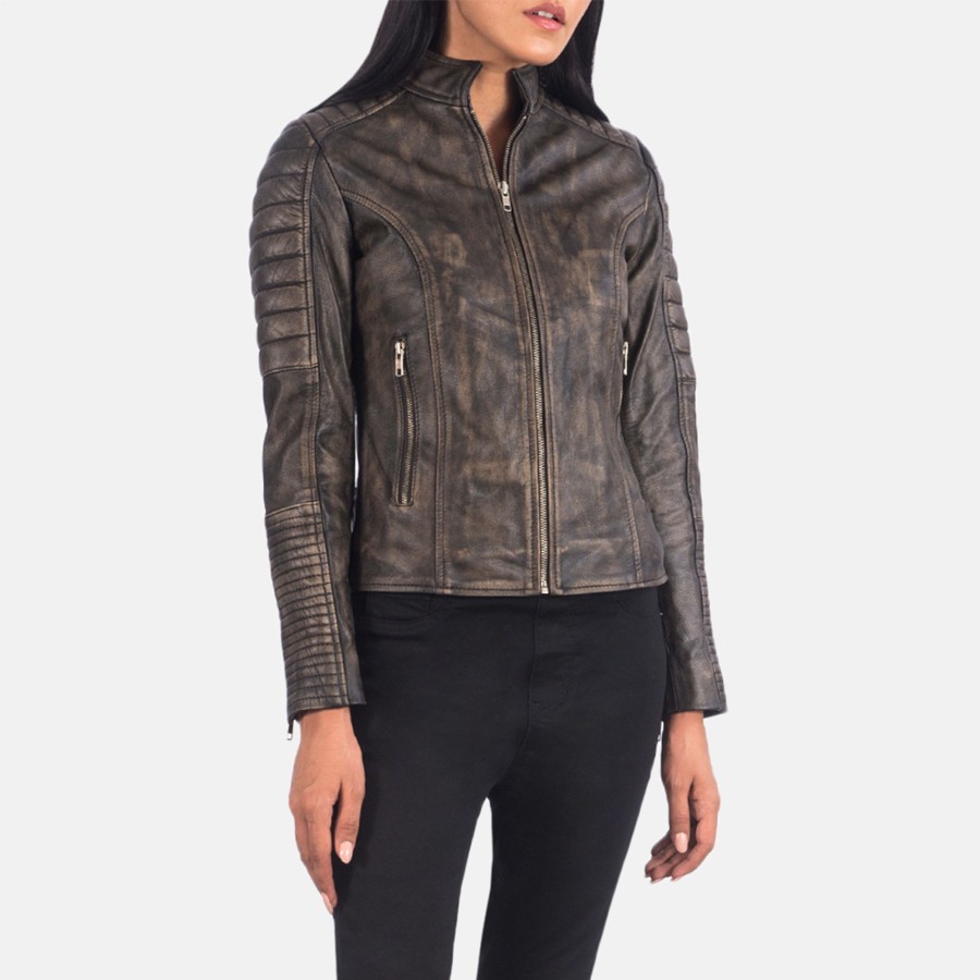 Women TheJacketMaker | Adalyn Quilted Distressed Brown Leather Biker Jacket