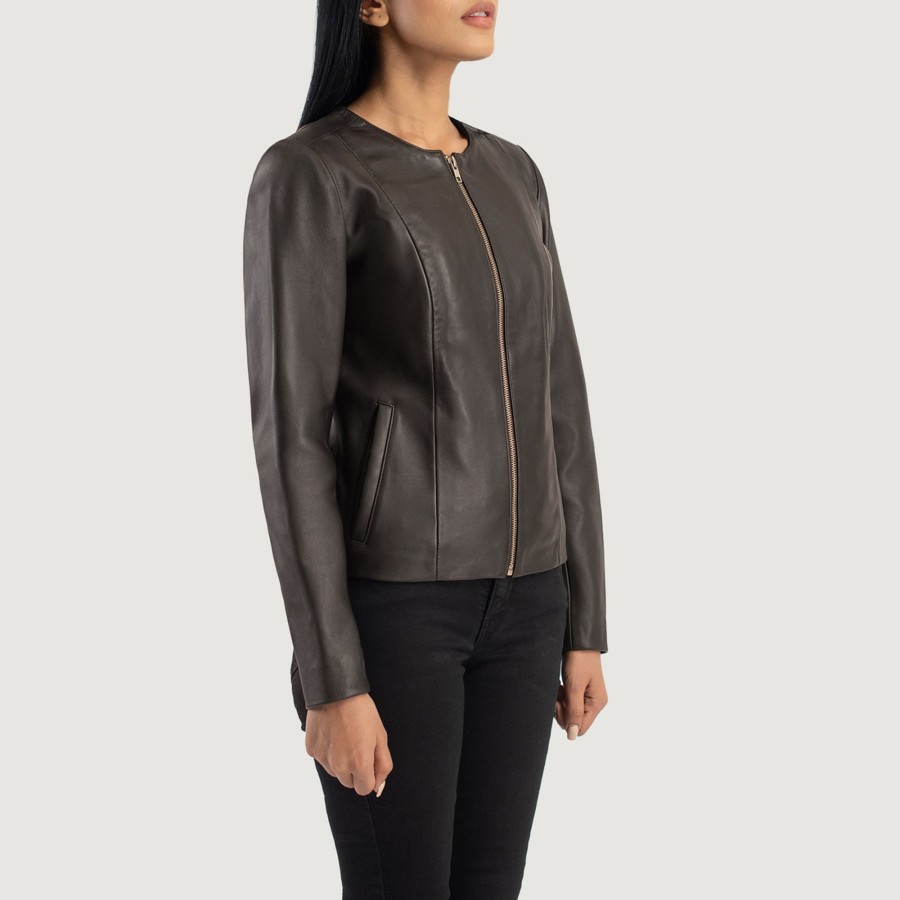 Women TheJacketMaker | Elixir Brown Collarless Leather Jacket