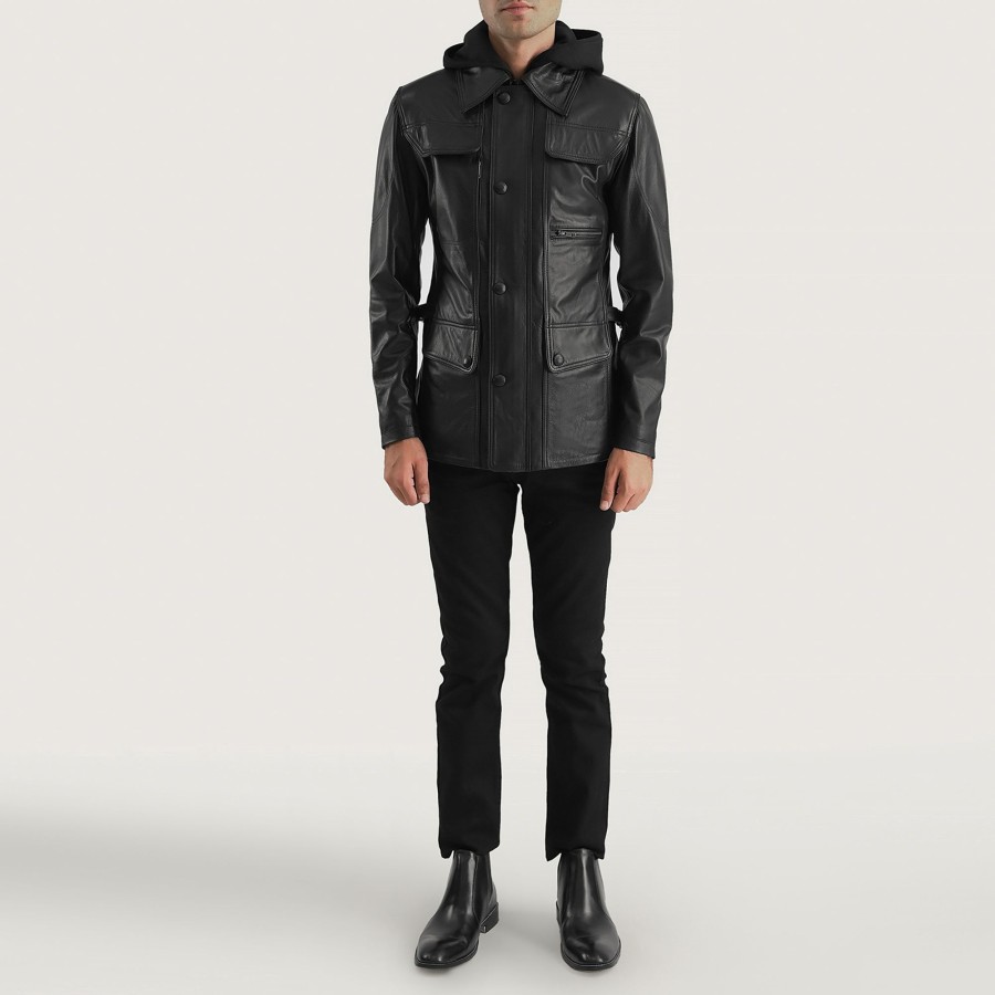 Men TheJacketMaker | Moulder Hooded Black Leather Jacket