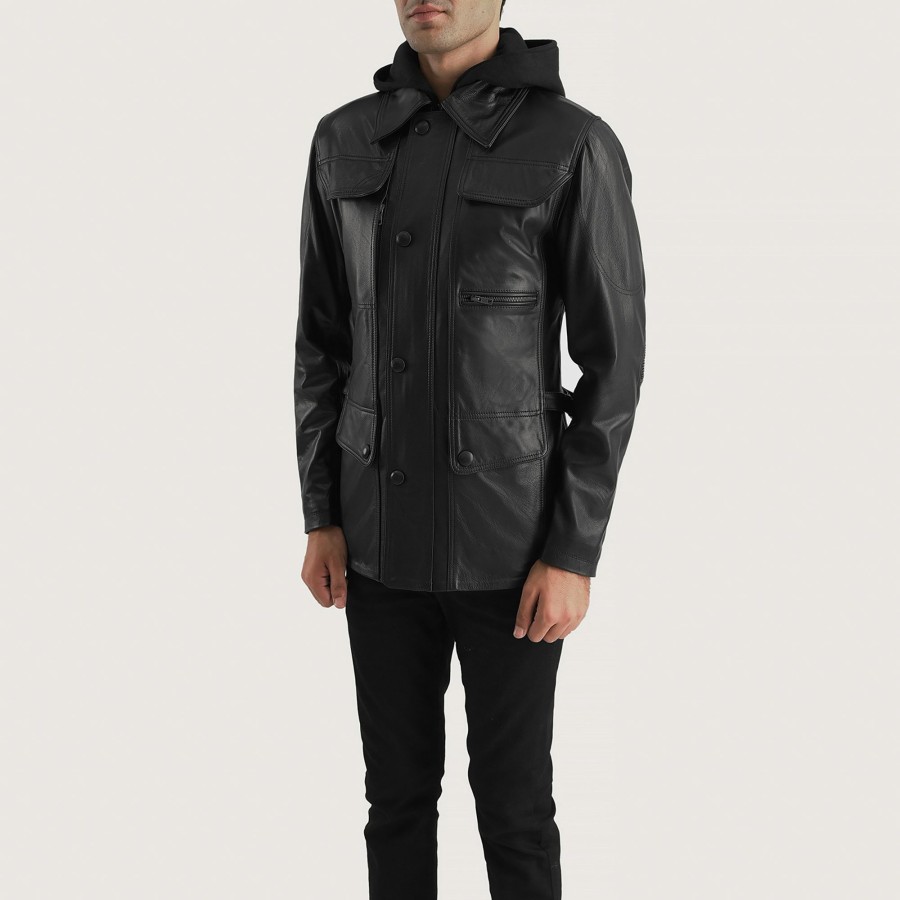 Men TheJacketMaker | Moulder Hooded Black Leather Jacket