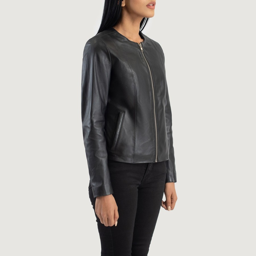 Women TheJacketMaker | Elixir Black Collarless Leather Jacket