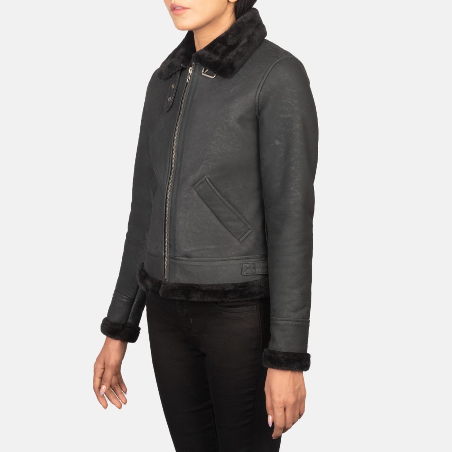 Women TheJacketMaker | Sherilyn B-3 Distressed Black Leather Bomber Jacket