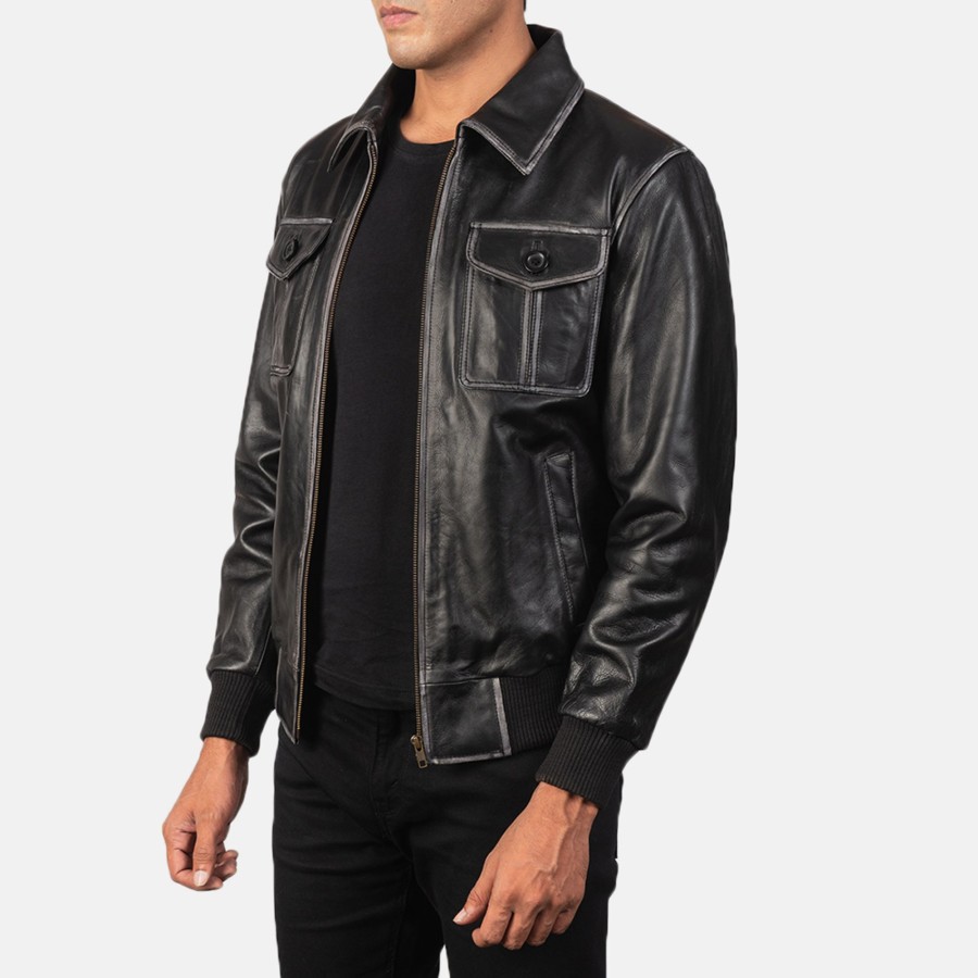 Men TheJacketMaker | Aaron Black Leather Bomber Jacket