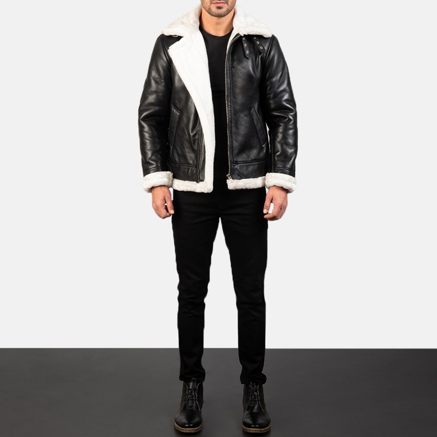 Men TheJacketMaker | Francis B-3 Black & White Leather Bomber Jacket