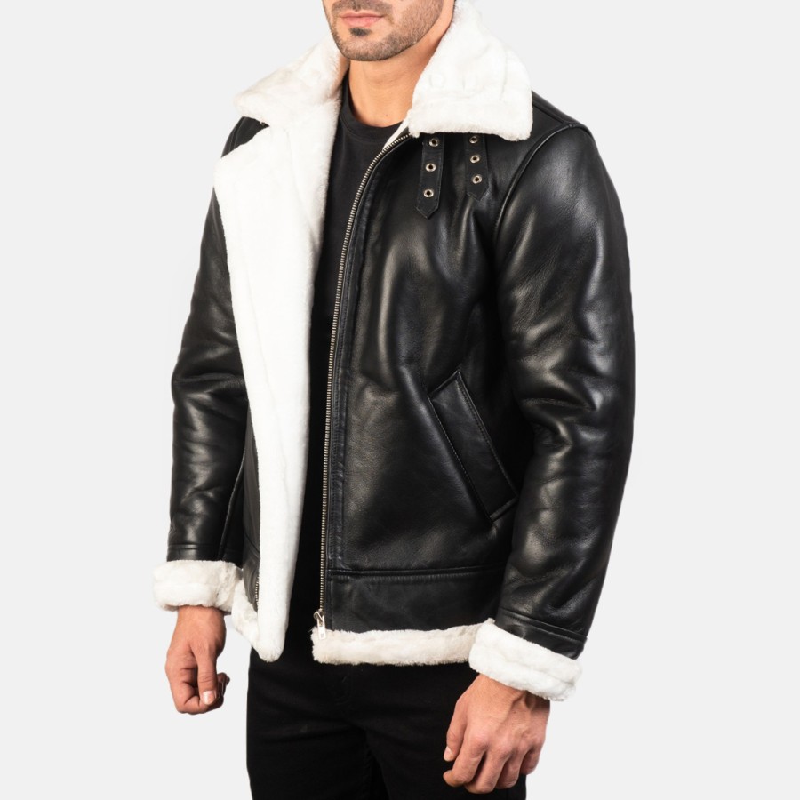 Men TheJacketMaker | Francis B-3 Black & White Leather Bomber Jacket