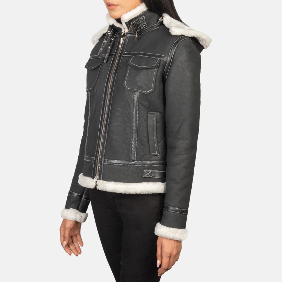 Women TheJacketMaker | Fiona Black Hooded Shearling Leather Jacket