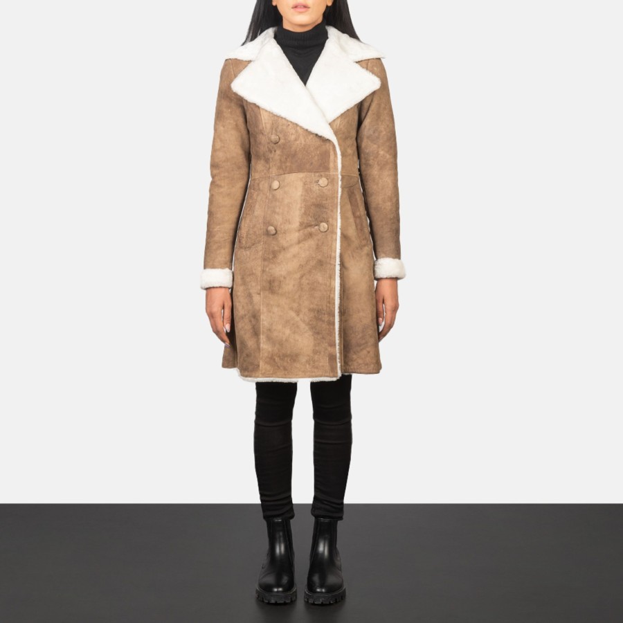 Women TheJacketMaker | Amie Distressed Brown Double Breasted Shearling Coat