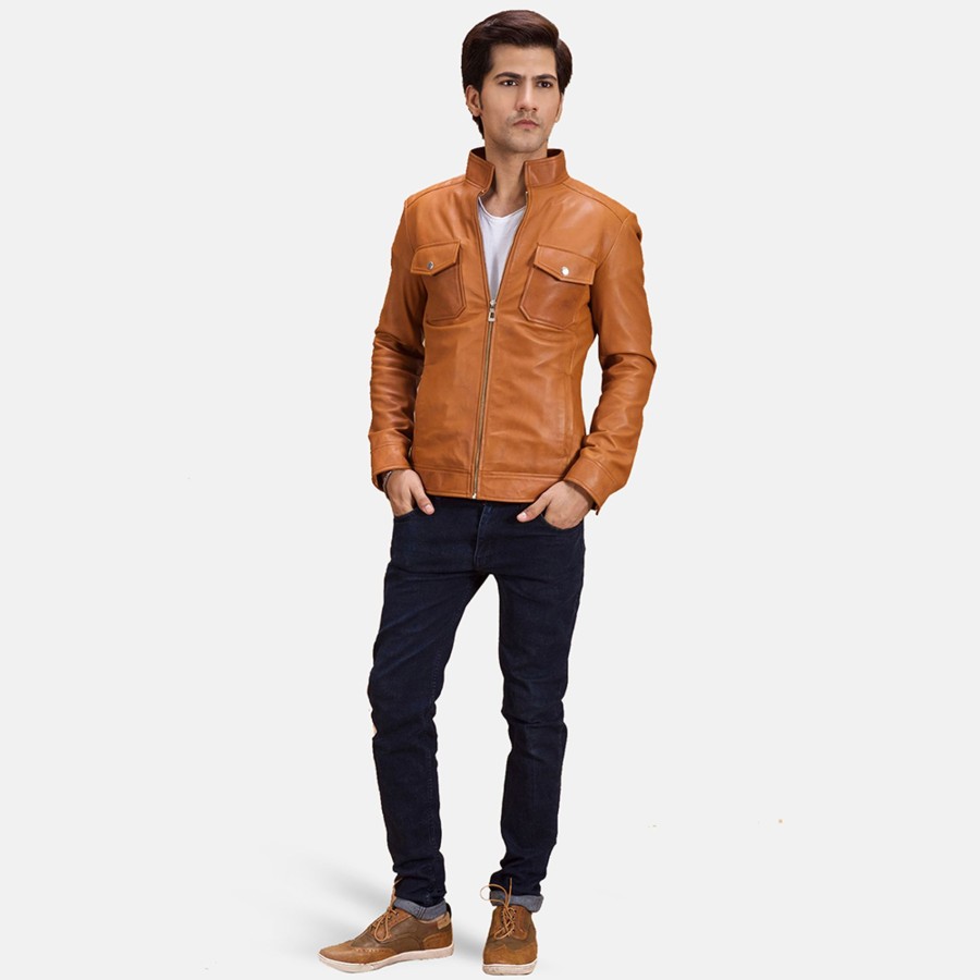 Men TheJacketMaker | Voltex Tan Leather Biker Jacket