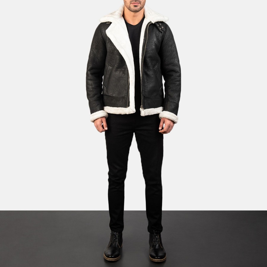 Men TheJacketMaker | Francis B-3 Distressed Black Leather Bomber Jacket