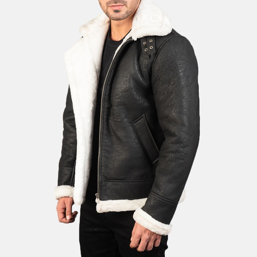 Men TheJacketMaker | Francis B-3 Distressed Black Leather Bomber Jacket