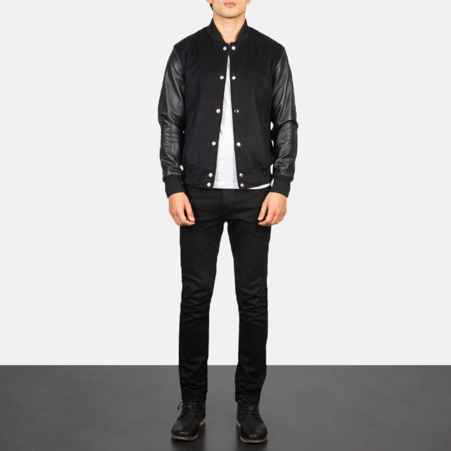 Men TheJacketMaker | Vaxton Black Hybrid Varsity Jacket