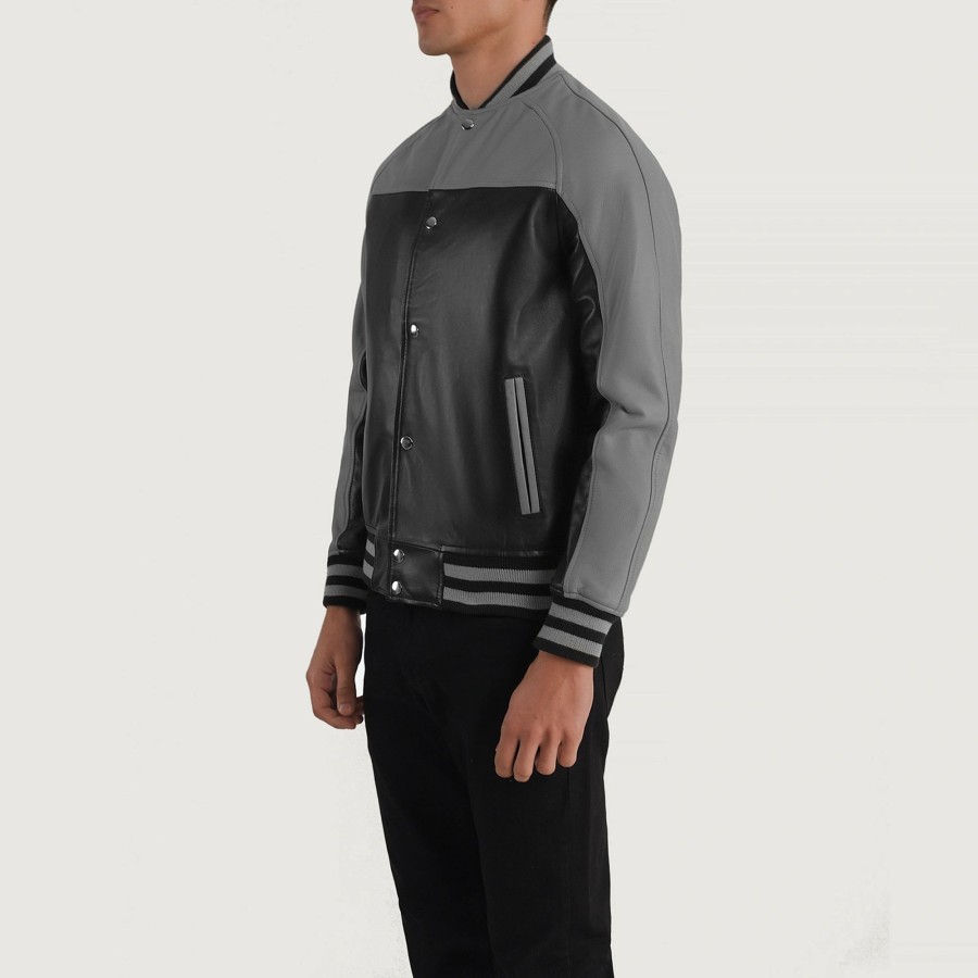 Men TheJacketMaker | Terrance Black & Grey Leather Varsity Jacket