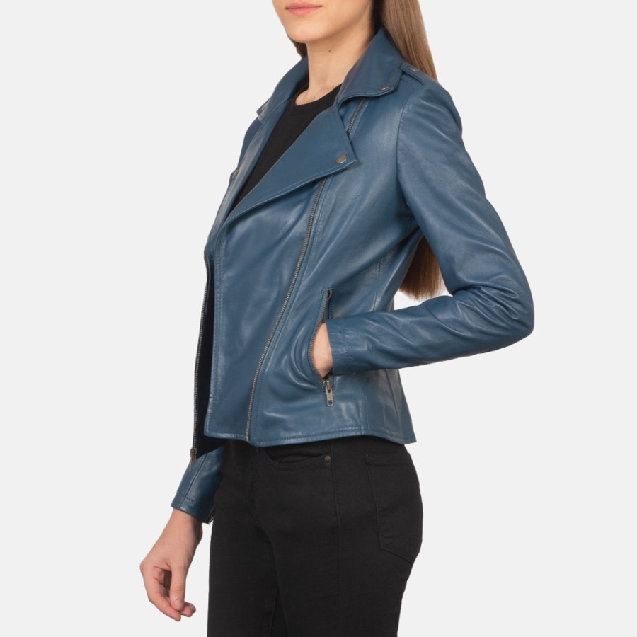 Women TheJacketMaker | Flashback Blue Leather Biker Jacket