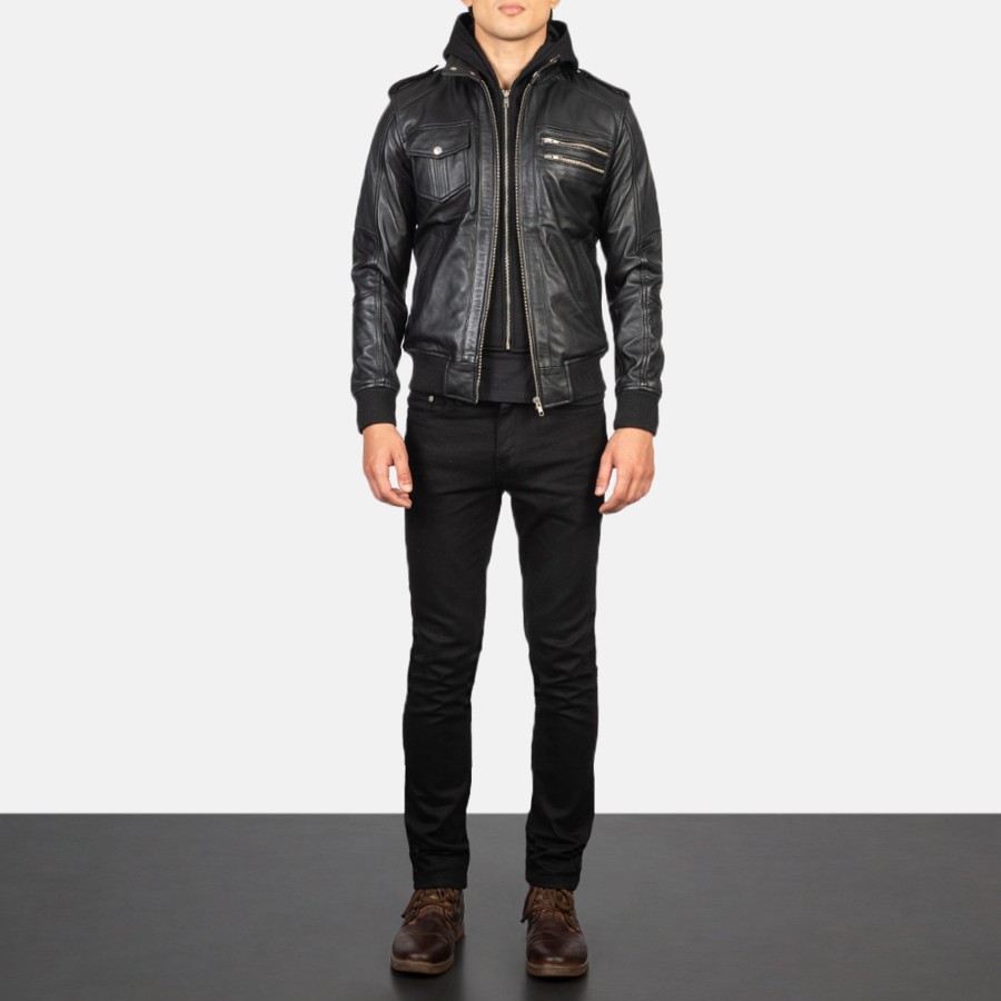 Men TheJacketMaker Gifts For Him | Bravado Black Hooded Leather Bomber Jacket