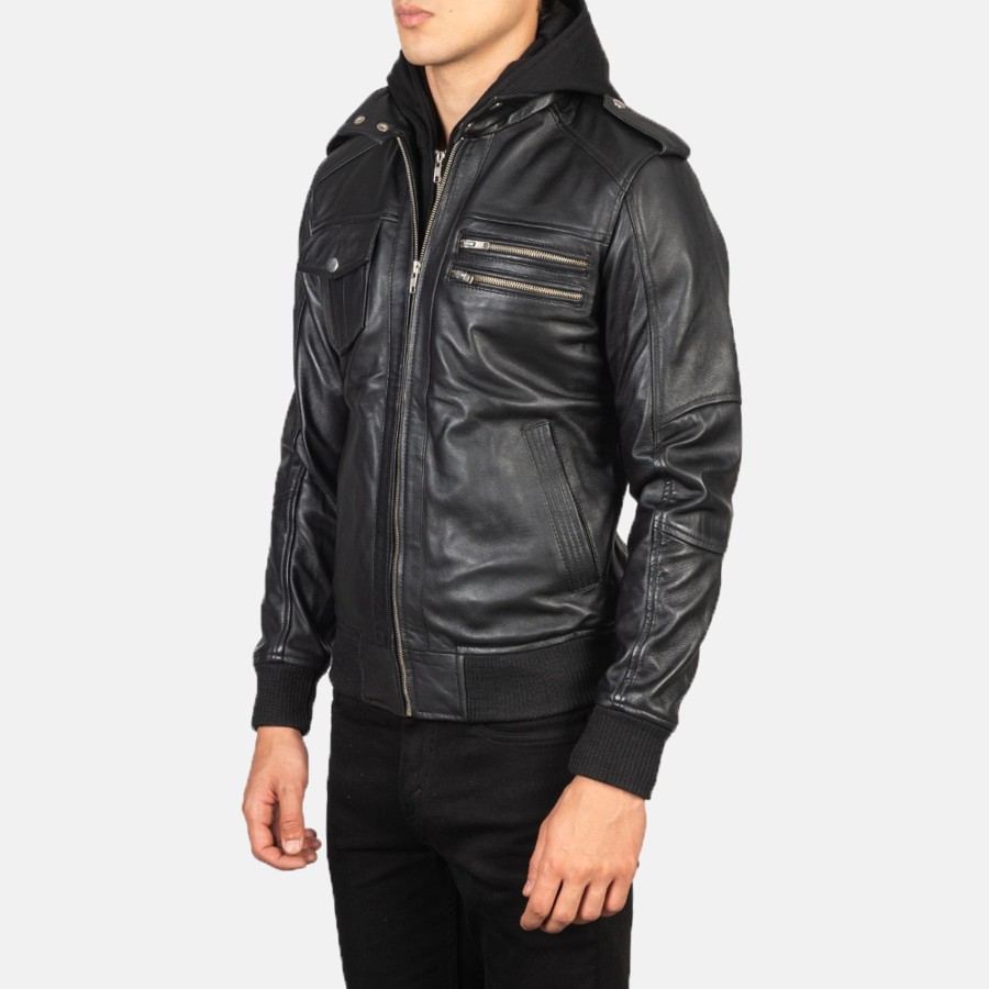 Men TheJacketMaker Gifts For Him | Bravado Black Hooded Leather Bomber Jacket