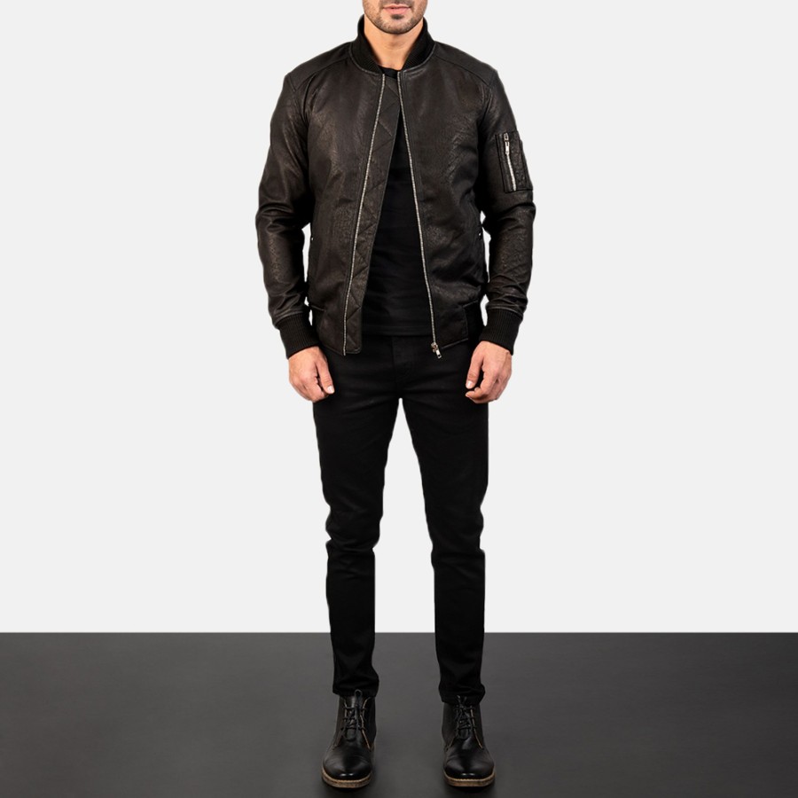 Men TheJacketMaker | Bomia Ma-1 Distressed Black Leather Bomber Jacket