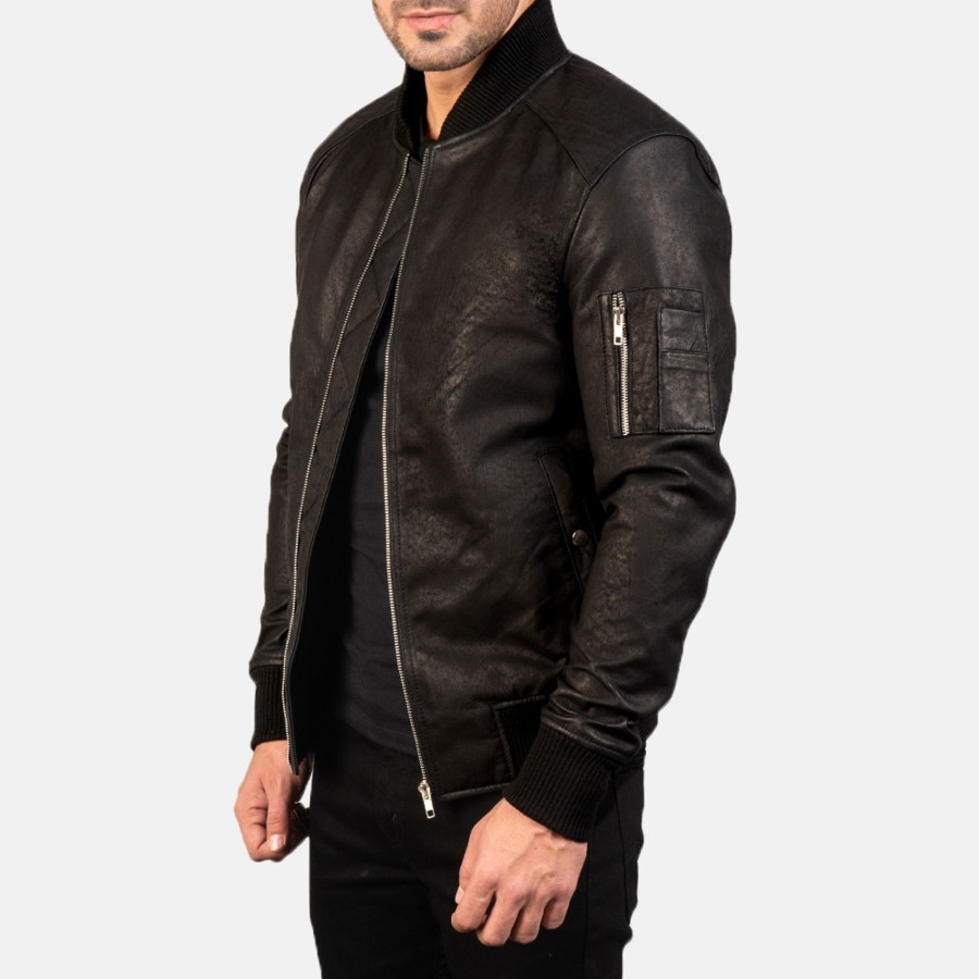 Men TheJacketMaker | Bomia Ma-1 Distressed Black Leather Bomber Jacket