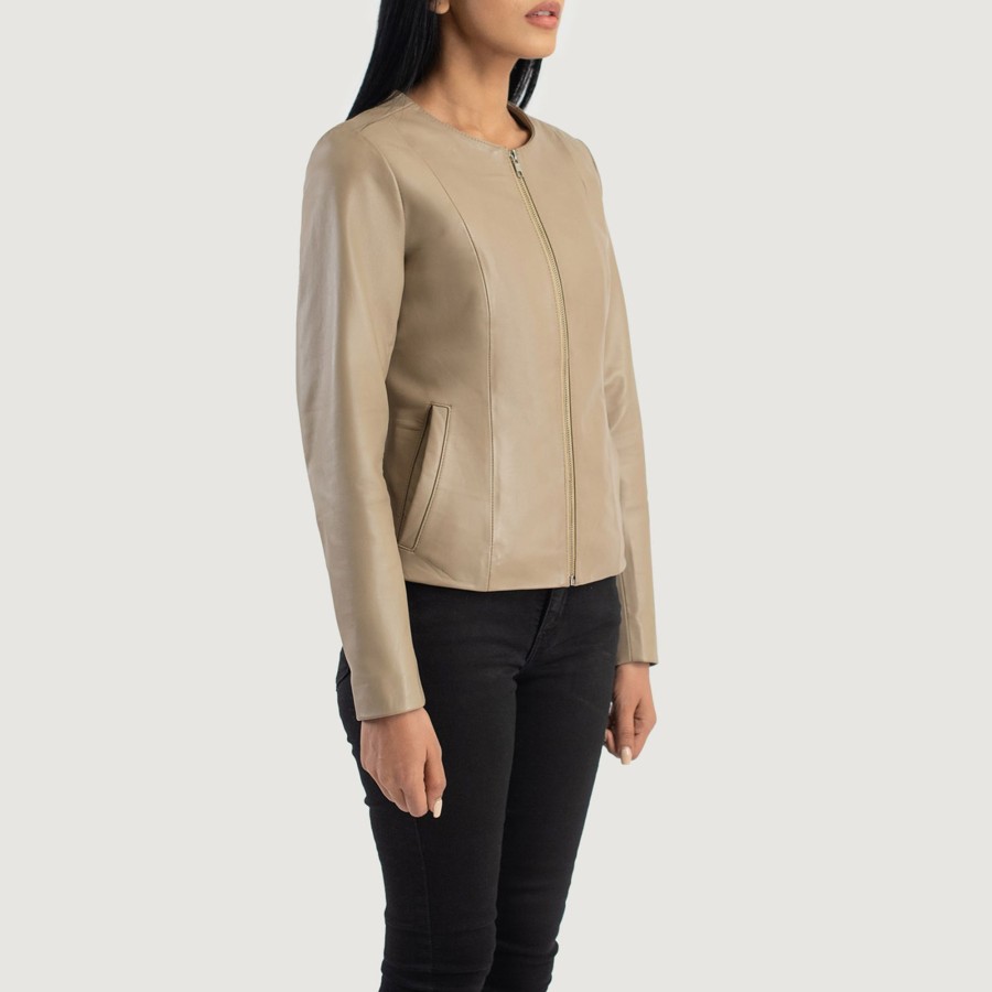 Women TheJacketMaker | Elixir Beige Collarless Leather Jacket