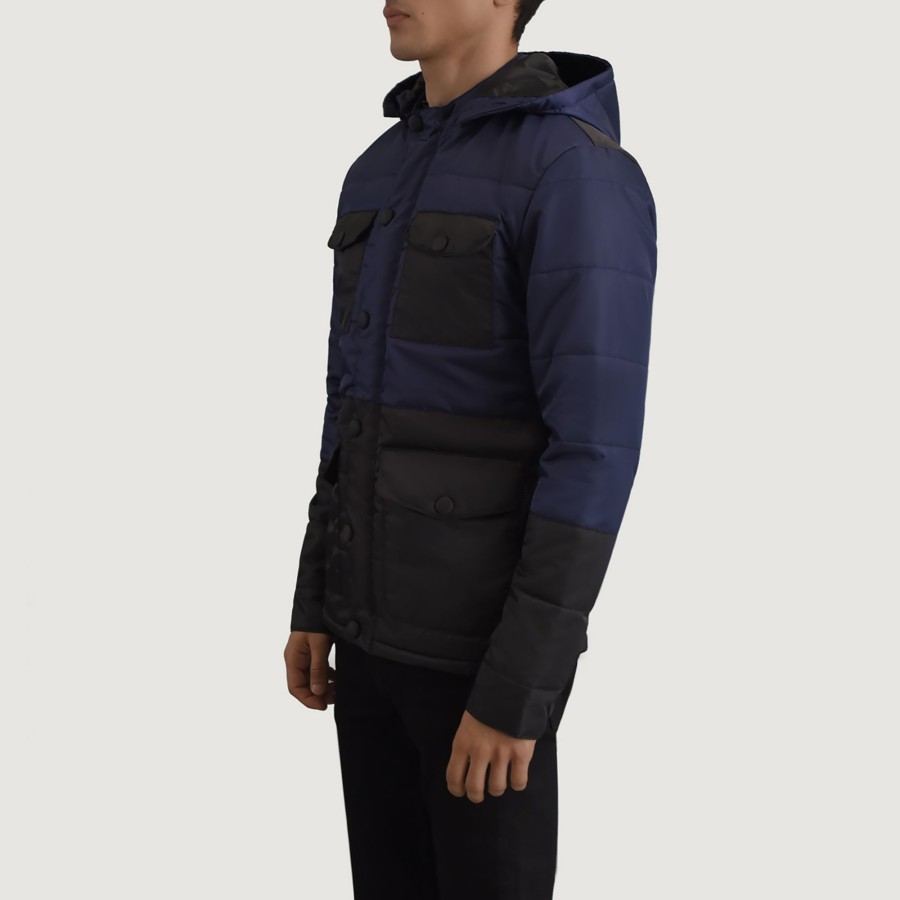 Men TheJacketMaker | Wayne Black & Blue Hooded Puffer Jacket