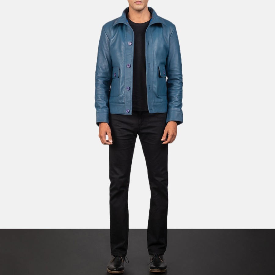 Men TheJacketMaker | Columbus Blue Leather Bomber Jacket