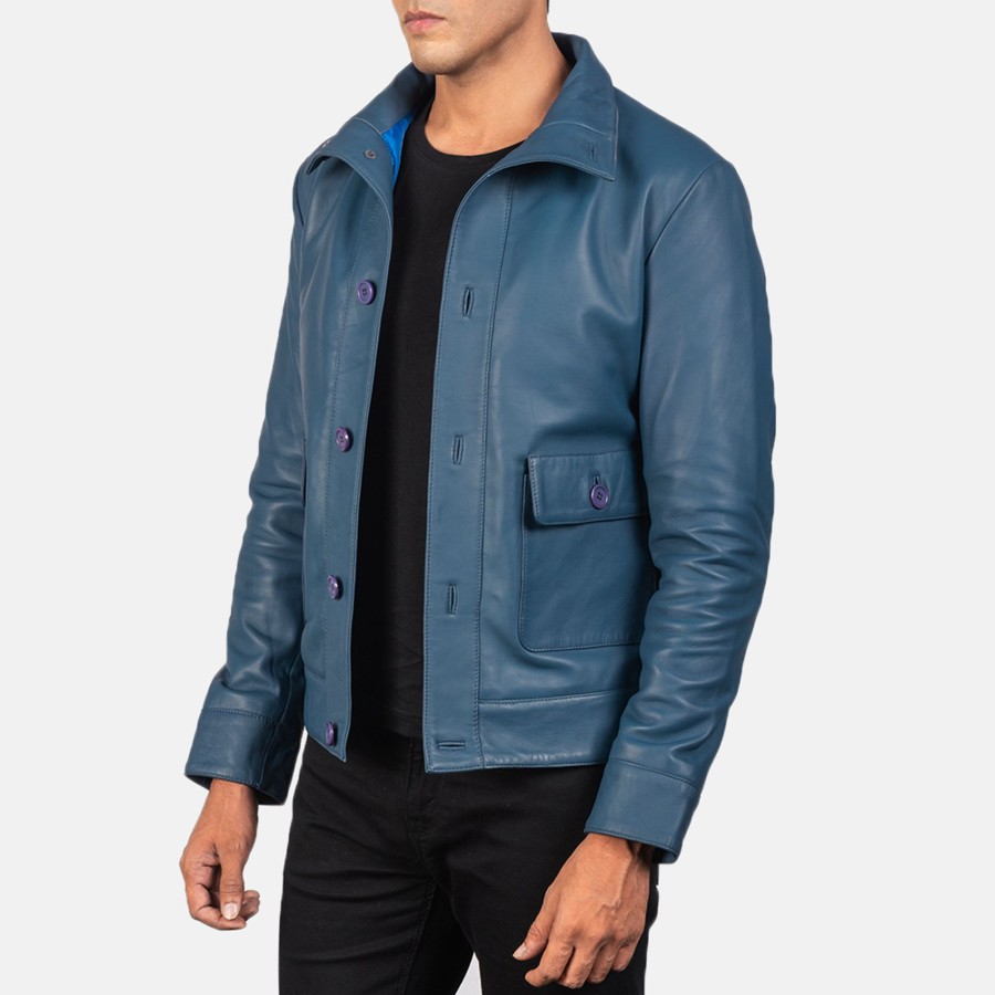 Men TheJacketMaker | Columbus Blue Leather Bomber Jacket