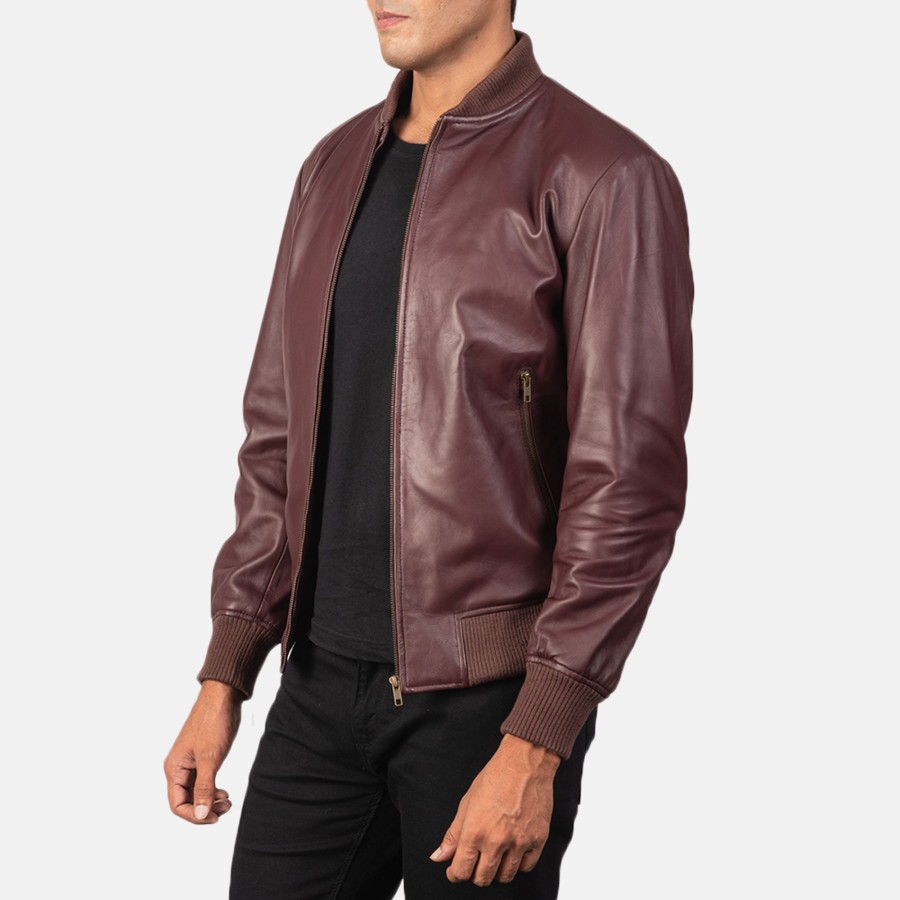 Men TheJacketMaker | Shane Maroon Leather Bomber Jacket