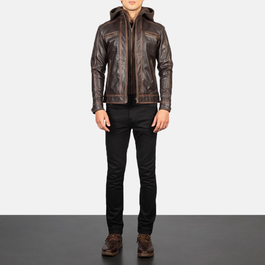 Men TheJacketMaker | Hector Vintage Brown Hooded Leather Biker Jacket