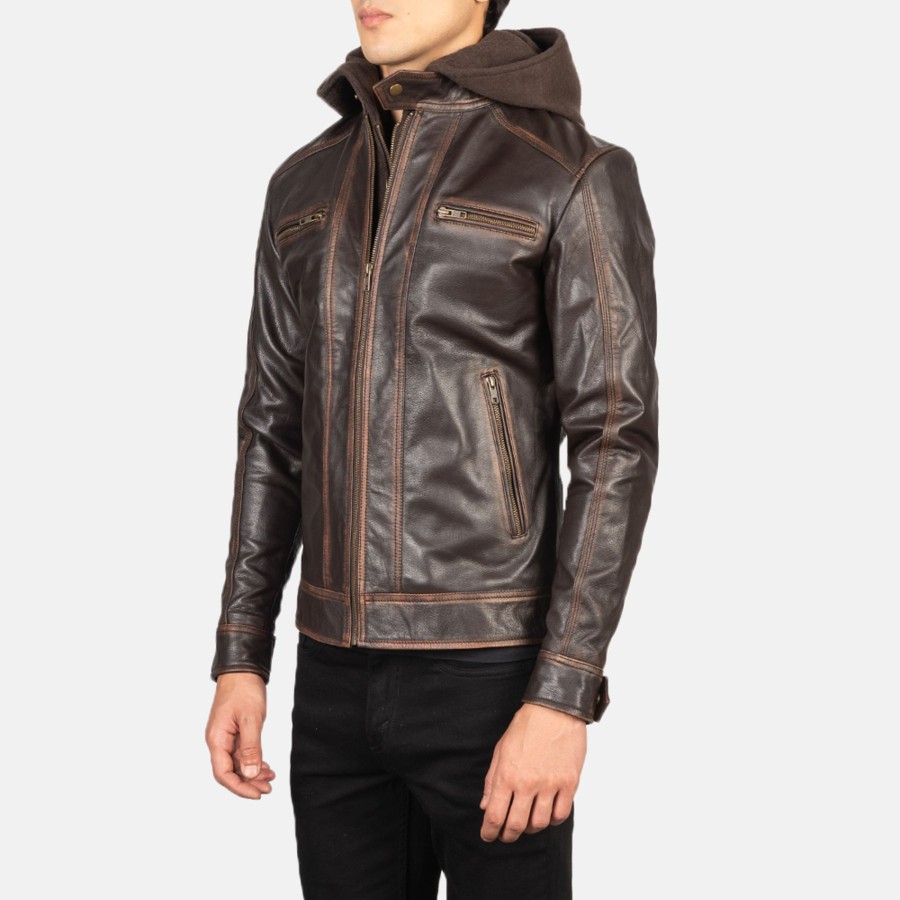 Men TheJacketMaker | Hector Vintage Brown Hooded Leather Biker Jacket