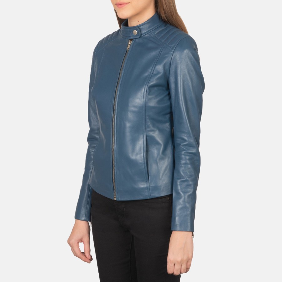 Women TheJacketMaker | Kelsee Blue Leather Biker Jacket