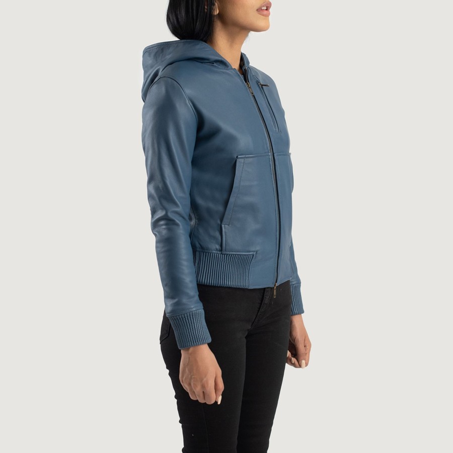 Women TheJacketMaker | Luna Blue Hooded Leather Bomber Jacket