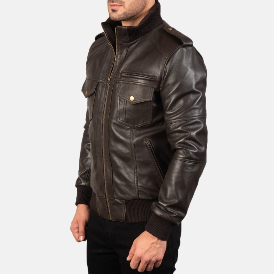 Men TheJacketMaker | Agent Shadow Brown Leather Bomber Jacket