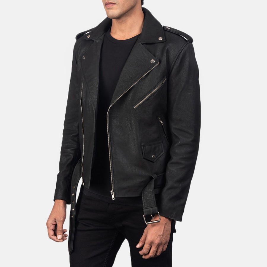 Men TheJacketMaker | Allaric Alley Distressed Black Leather Biker Jacket