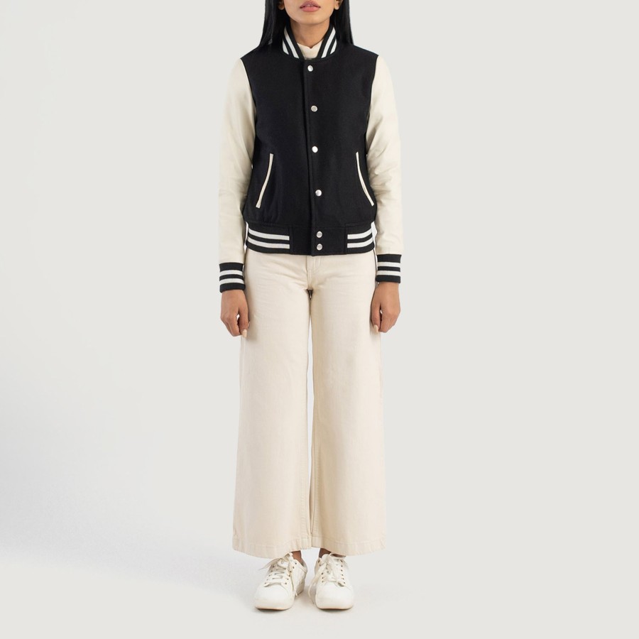 Women TheJacketMaker | Savant Black & White Hybrid Varsity Jacket