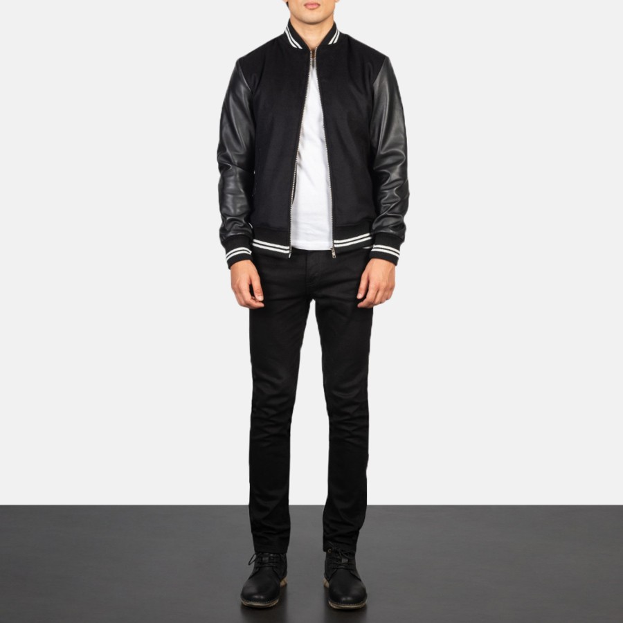 Men TheJacketMaker | Harrison Black Hybrid Varsity Jacket