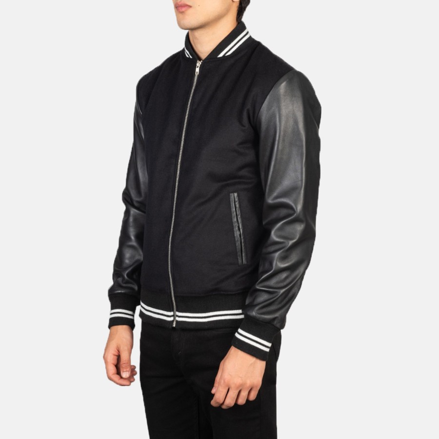 Men TheJacketMaker | Harrison Black Hybrid Varsity Jacket