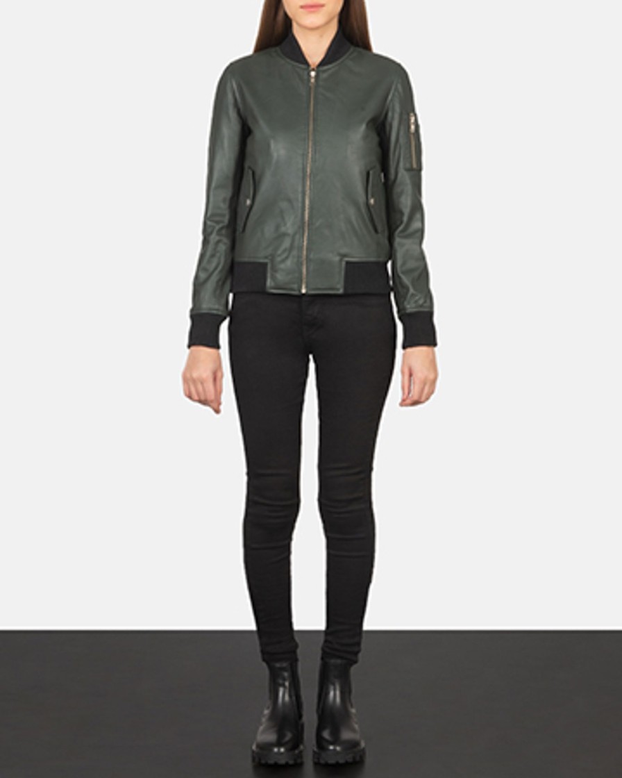 Women TheJacketMaker | Ava Ma-1 Green Leather Bomber Jacket