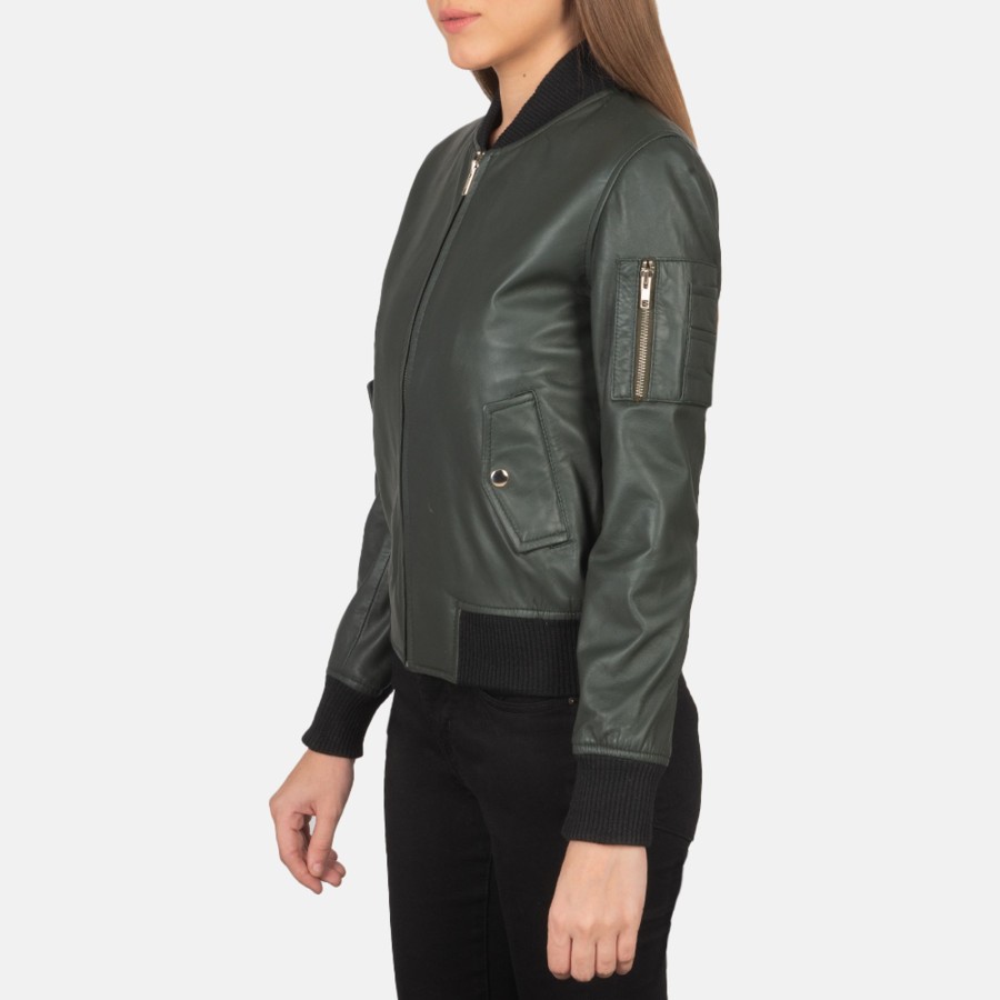 Women TheJacketMaker | Ava Ma-1 Green Leather Bomber Jacket