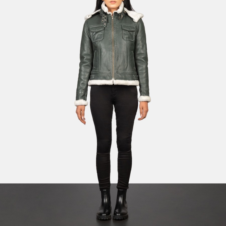 Women TheJacketMaker | Fiona Green Hooded Shearling Leather Jacket