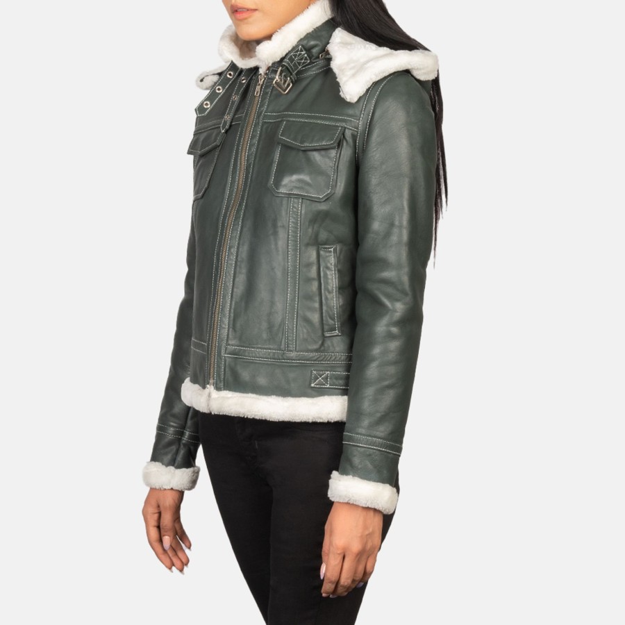 Women TheJacketMaker | Fiona Green Hooded Shearling Leather Jacket