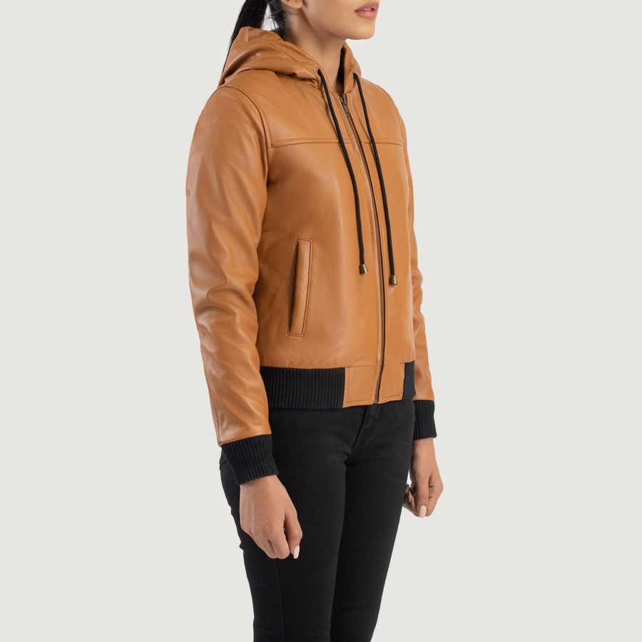 Women TheJacketMaker | Rebella Brown Hooded Leather Bomber Jacket