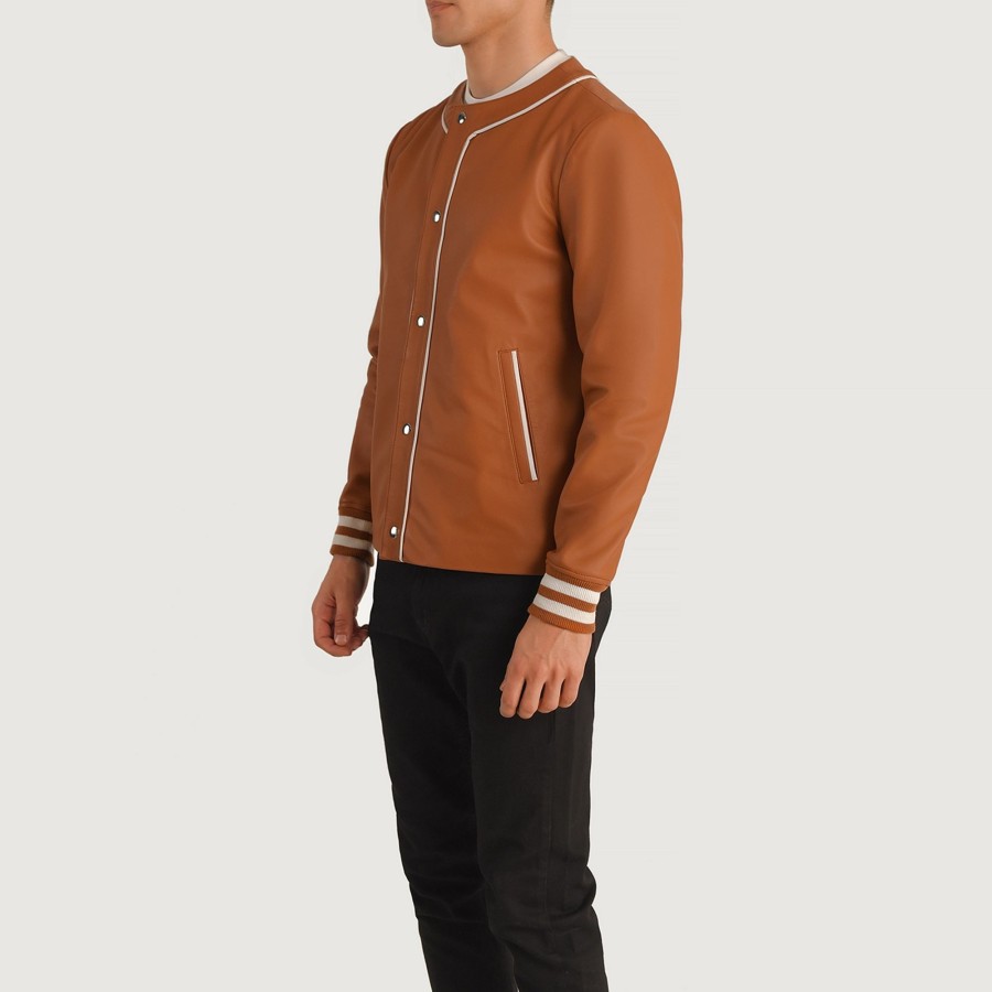 Men TheJacketMaker | Willis Tan Brown Leather Varsity Jacket