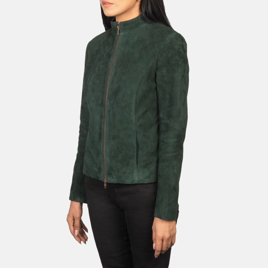 Women TheJacketMaker | Rumella Green Suede Biker Jacket