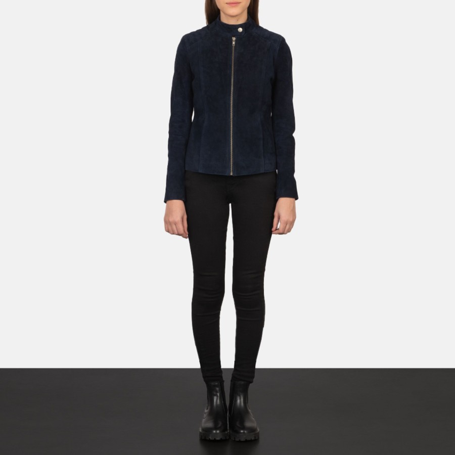 Women TheJacketMaker | Kelsee Navy Blue Suede Biker Jacket