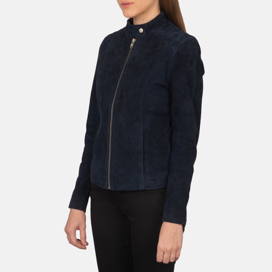 Women TheJacketMaker | Kelsee Navy Blue Suede Biker Jacket