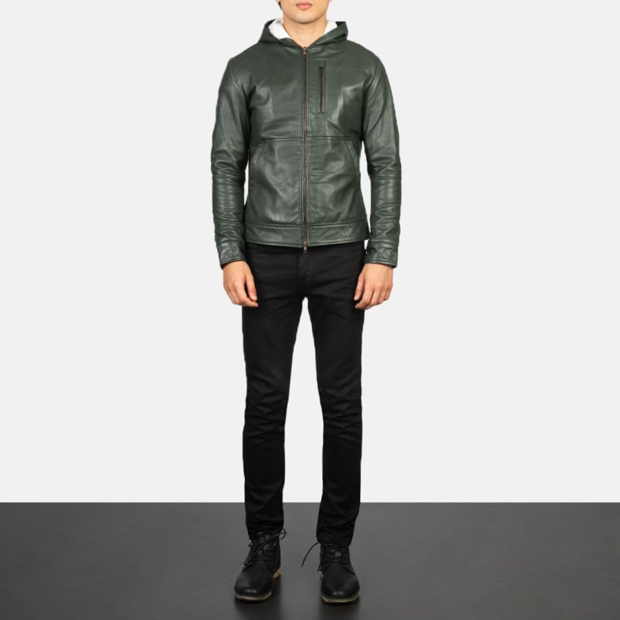 Men TheJacketMaker | Baston Green Hooded Leather Bomber Jacket