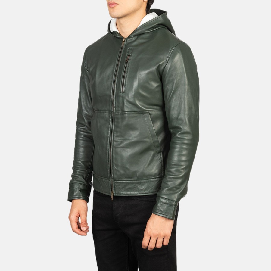 Men TheJacketMaker | Baston Green Hooded Leather Bomber Jacket