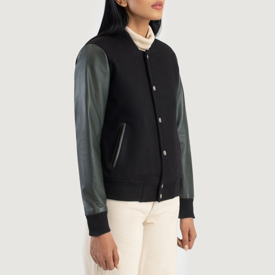 Women TheJacketMaker | Savant Green & Black Hybrid Varsity Jacket