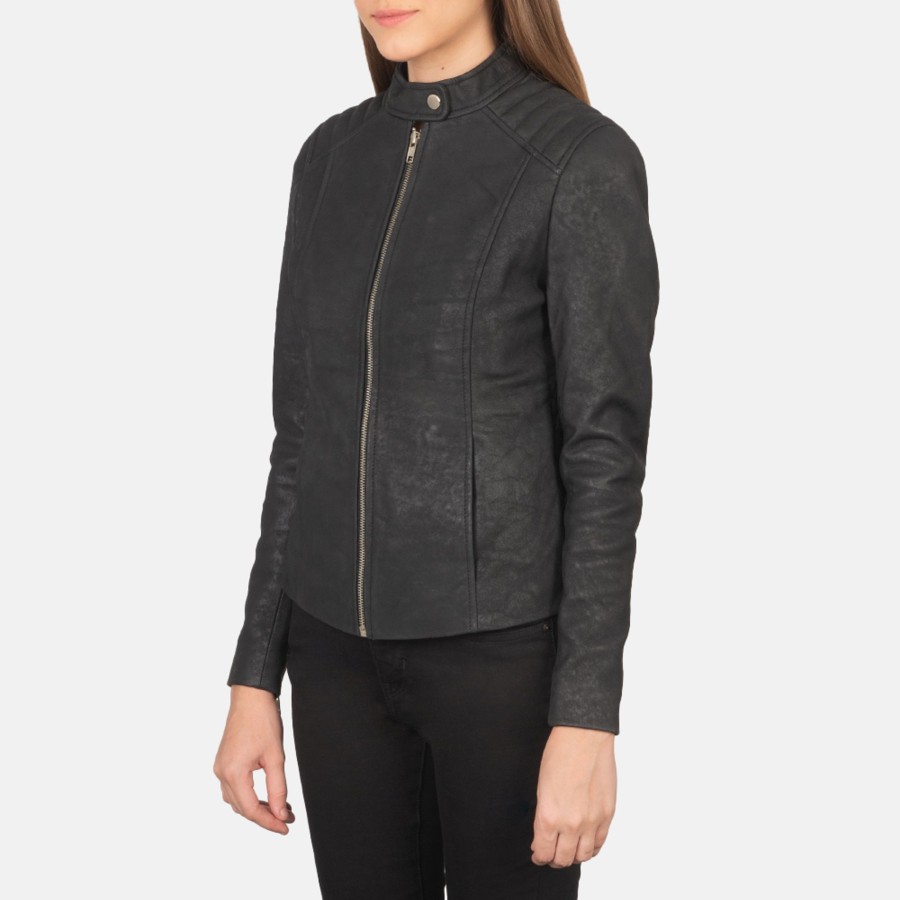 Women TheJacketMaker | Kelsee Distressed Black Leather Biker Jacket